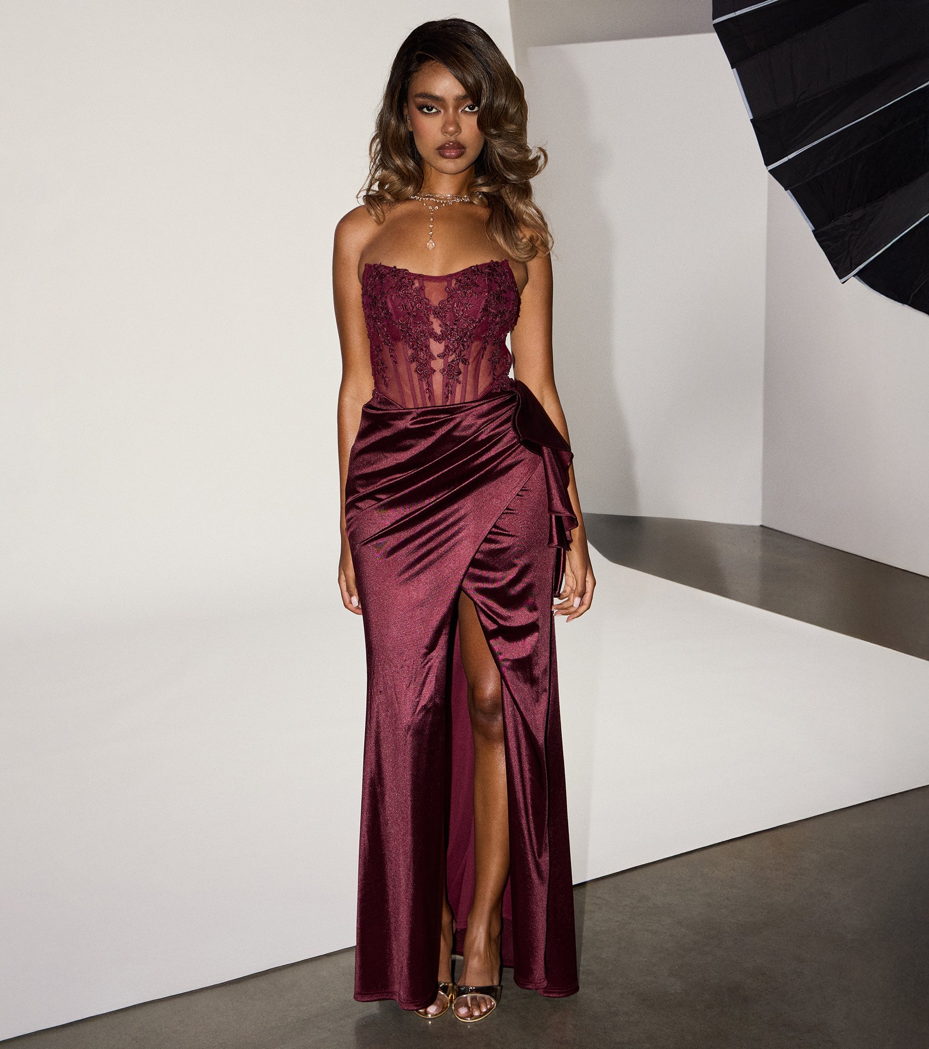 Sharon Floral Applique Satin Formal Dress