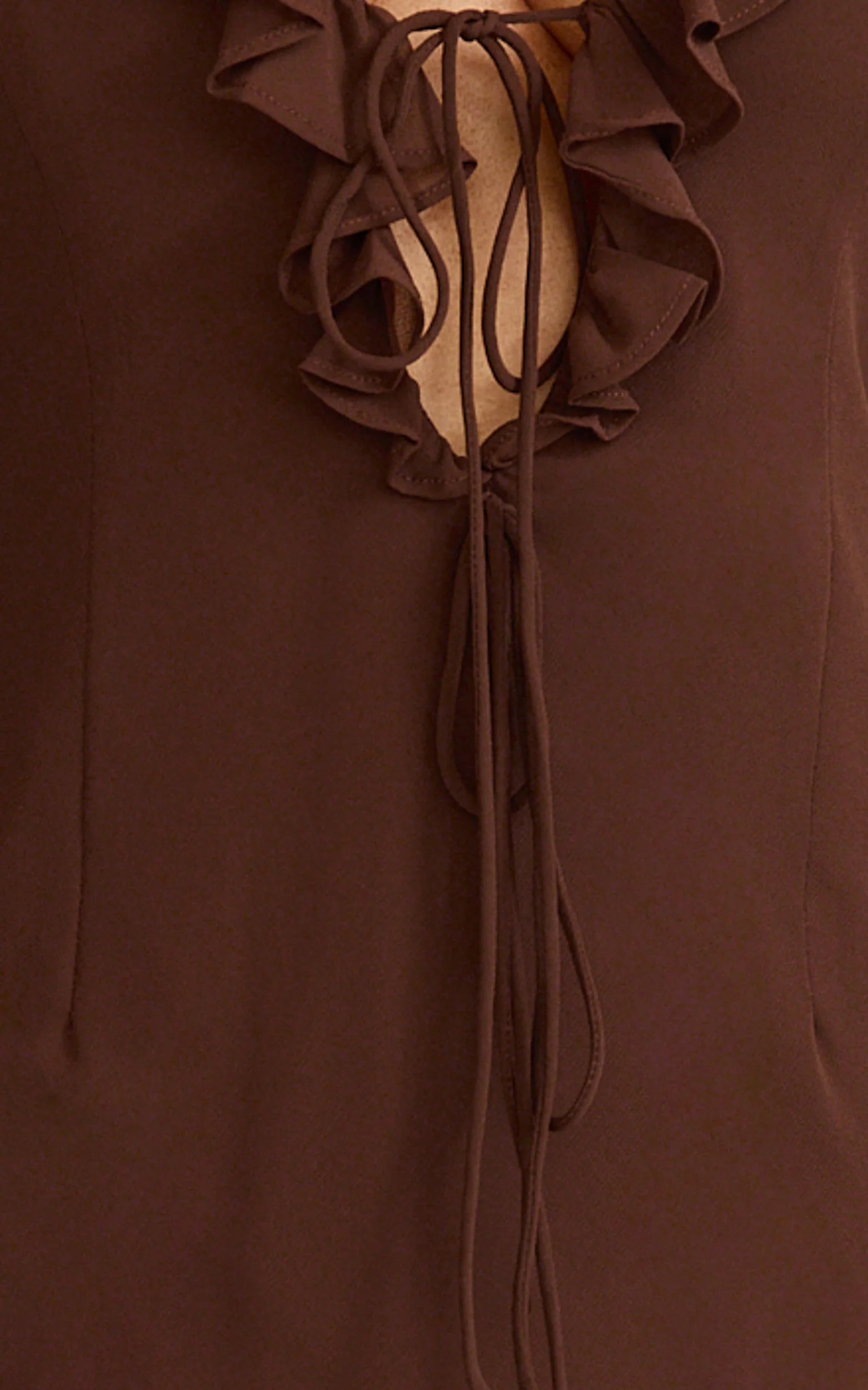 Alesya Mini Dress - Ruffle Plunge Neck Long Sleeve Tie Detail Dress in Chocolate
