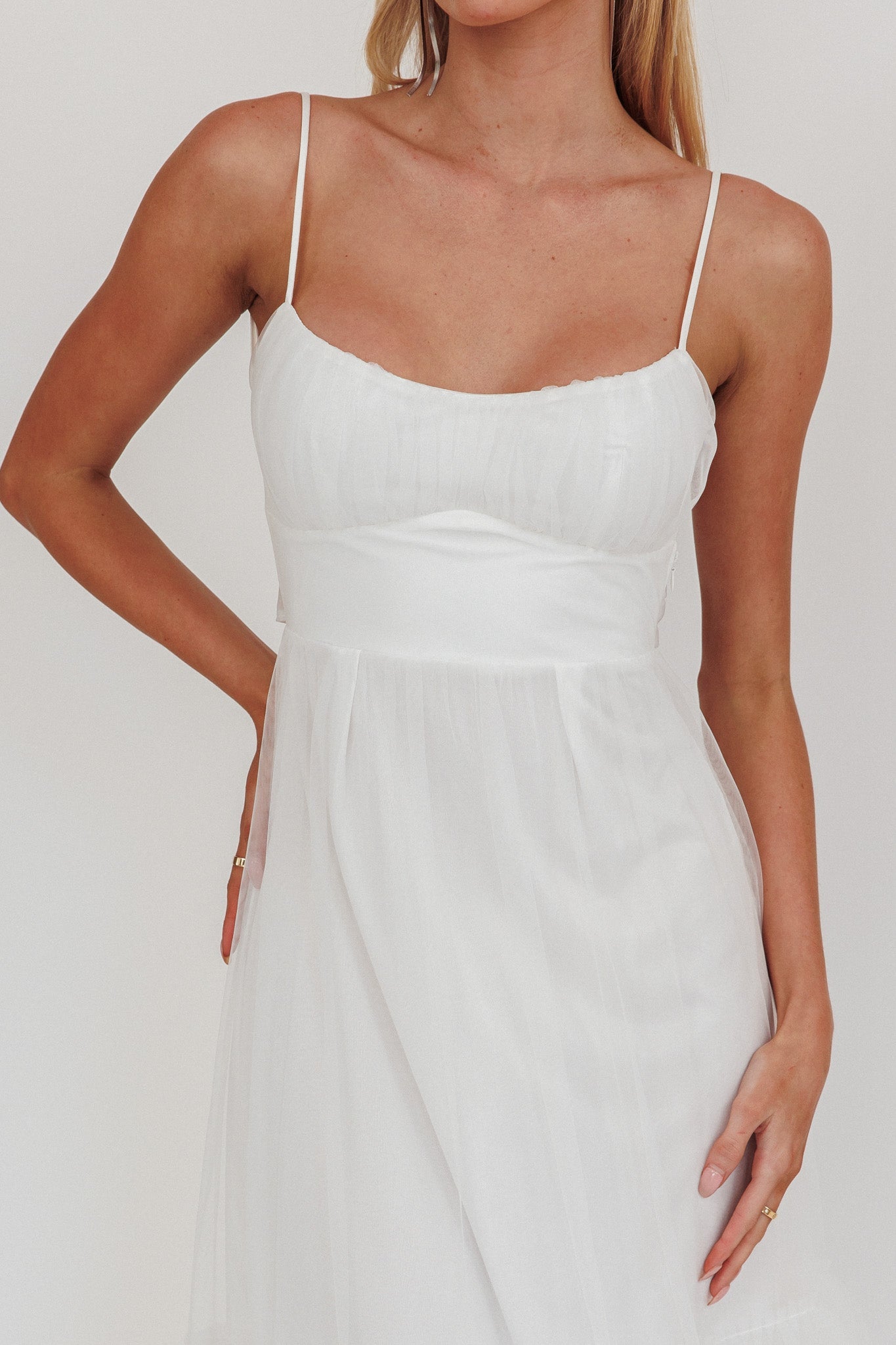 Nerida Twist Back Frill Trim Mesh Maxi Dress White
