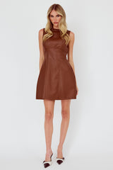 Opulent Sleeveless A-Line Mini Dress Faux Leather Brown