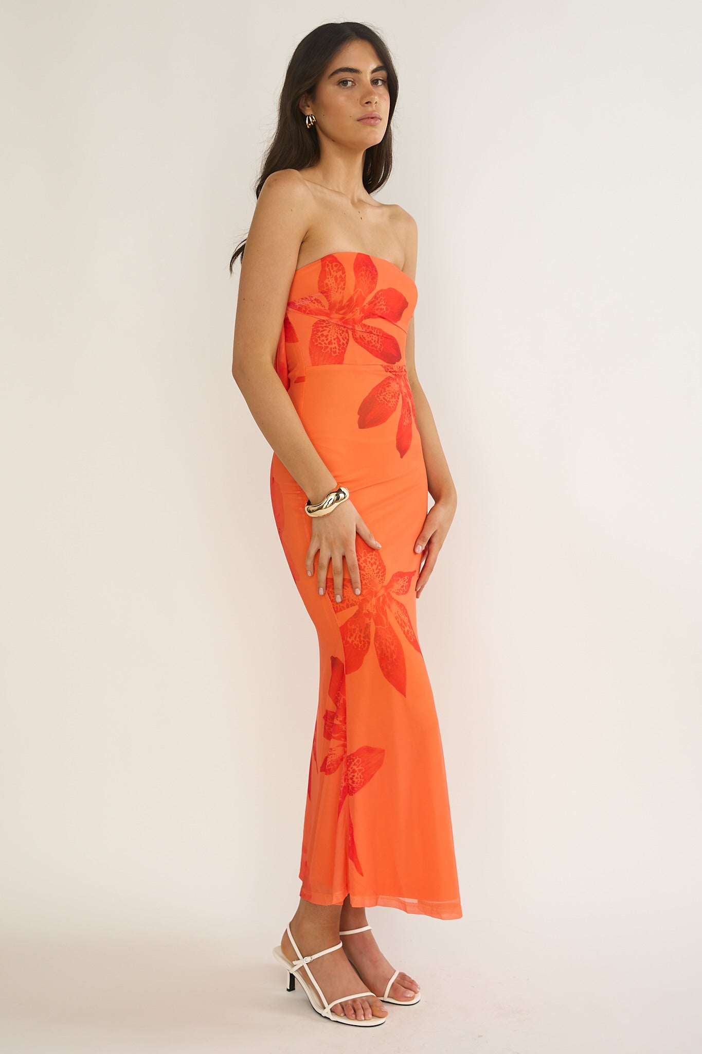 Minnesota Strapless Cowl Back Dress Floral Orange