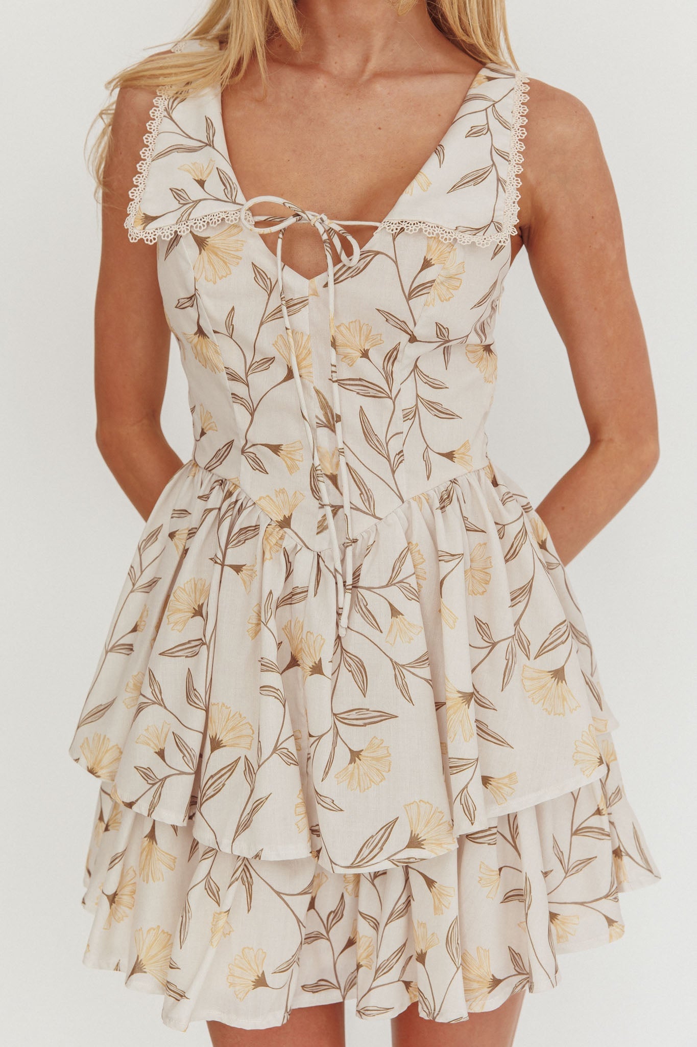 Corella Tied Bust Layered Hem Mini Dress Floral Butter