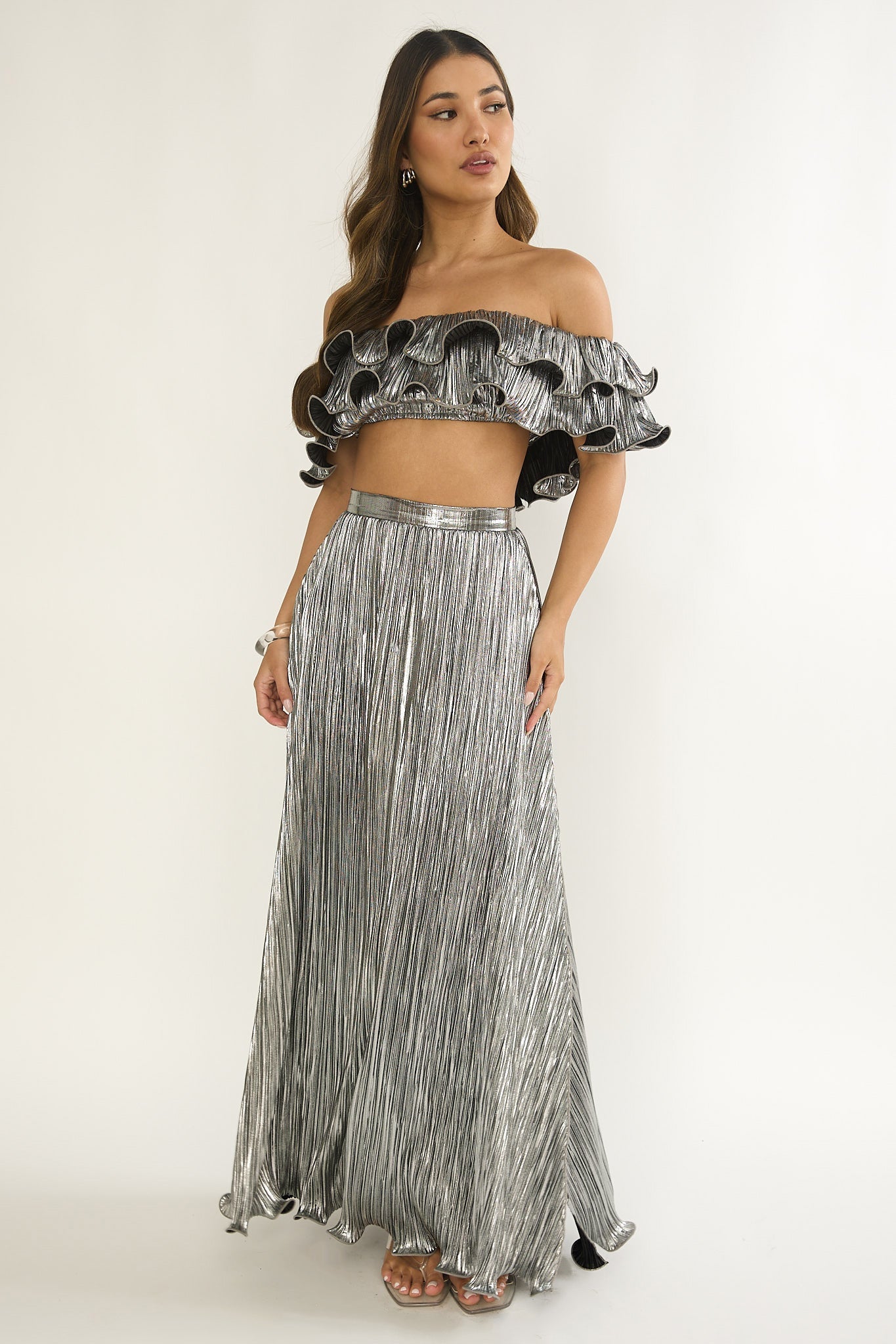 Amaria Lettuce Edge Maxi Skirt Silver