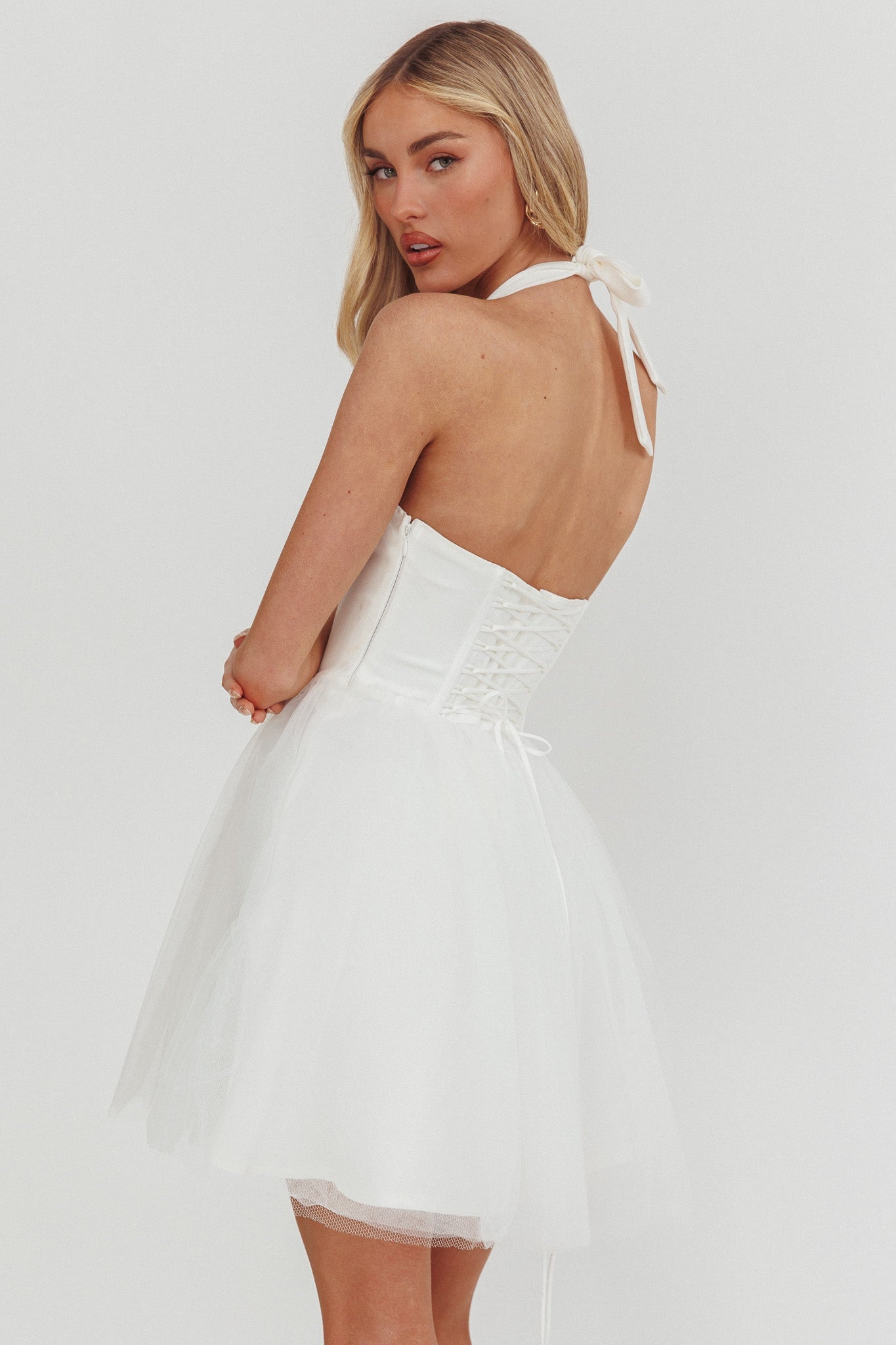 Princessa Sweetheart Neckline Halter Mini Dress White