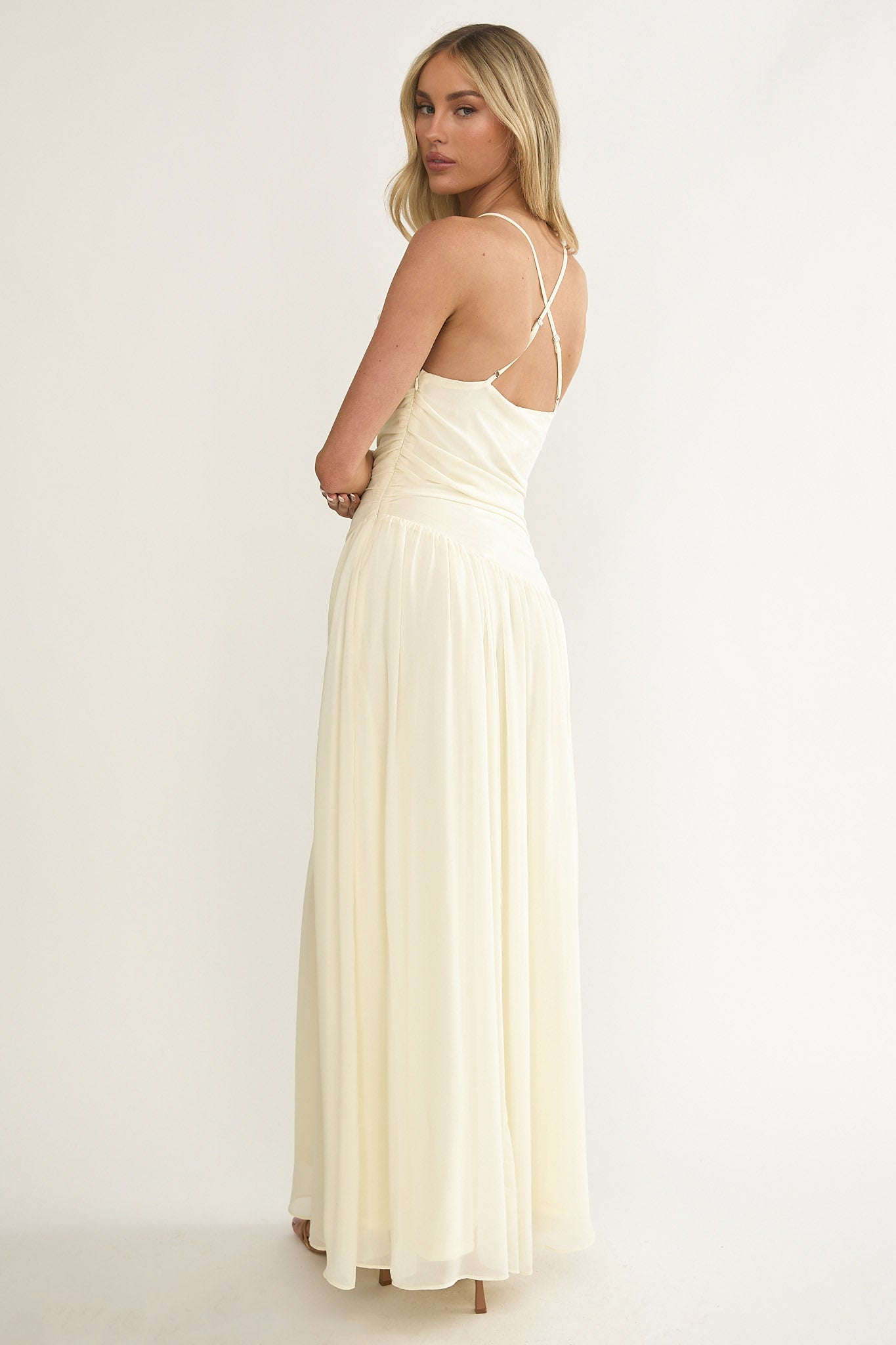 Brighten Drop Waist Flower Accent Maxi Dress Butter