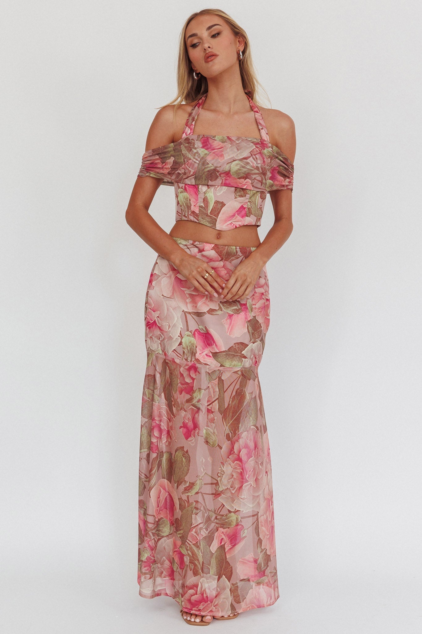 Sunset High Halterneck Crop Top Floral Blush