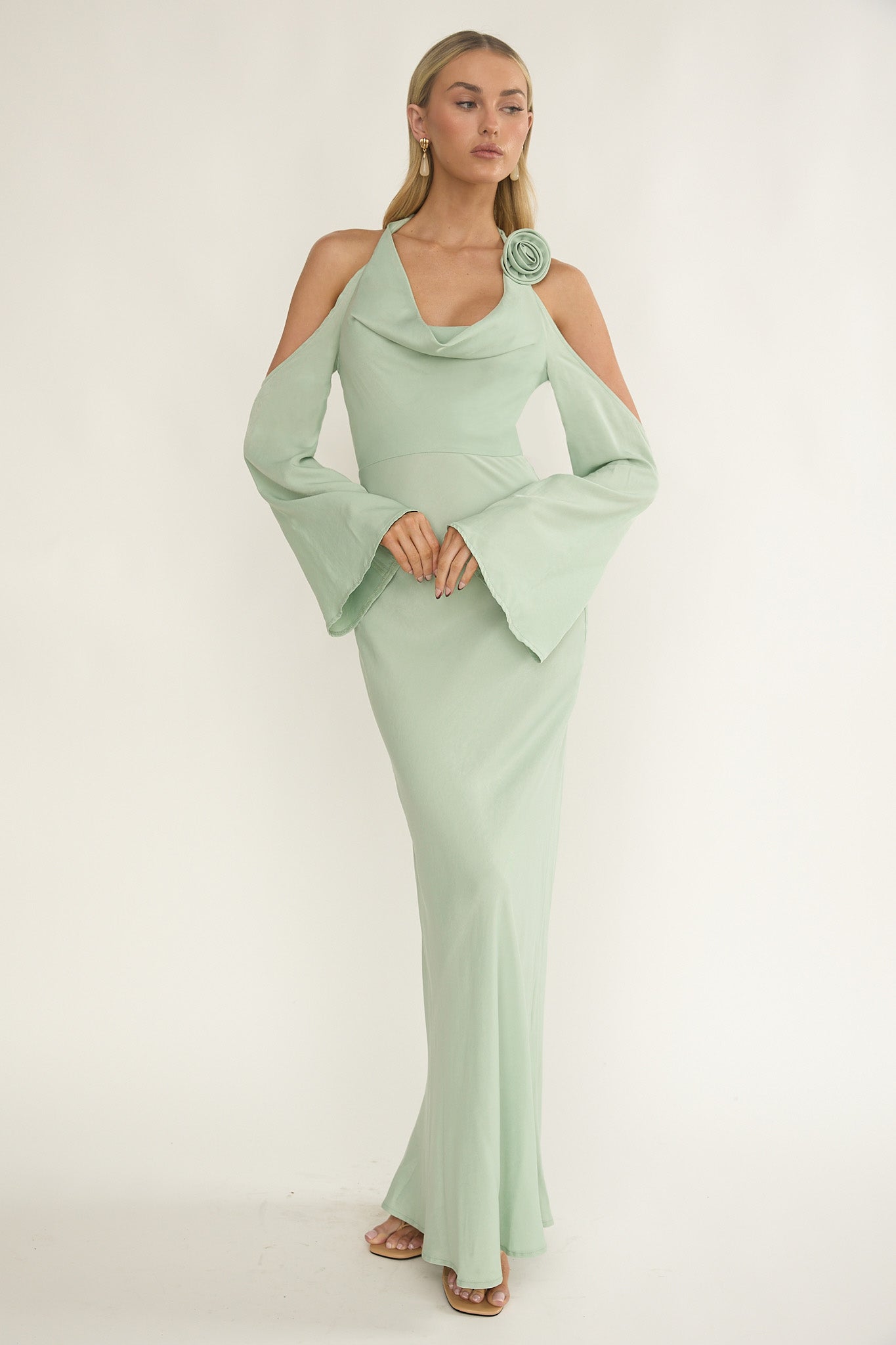 Solenne Cowl Neck Cold Shoulder Maxi Dress Sage
