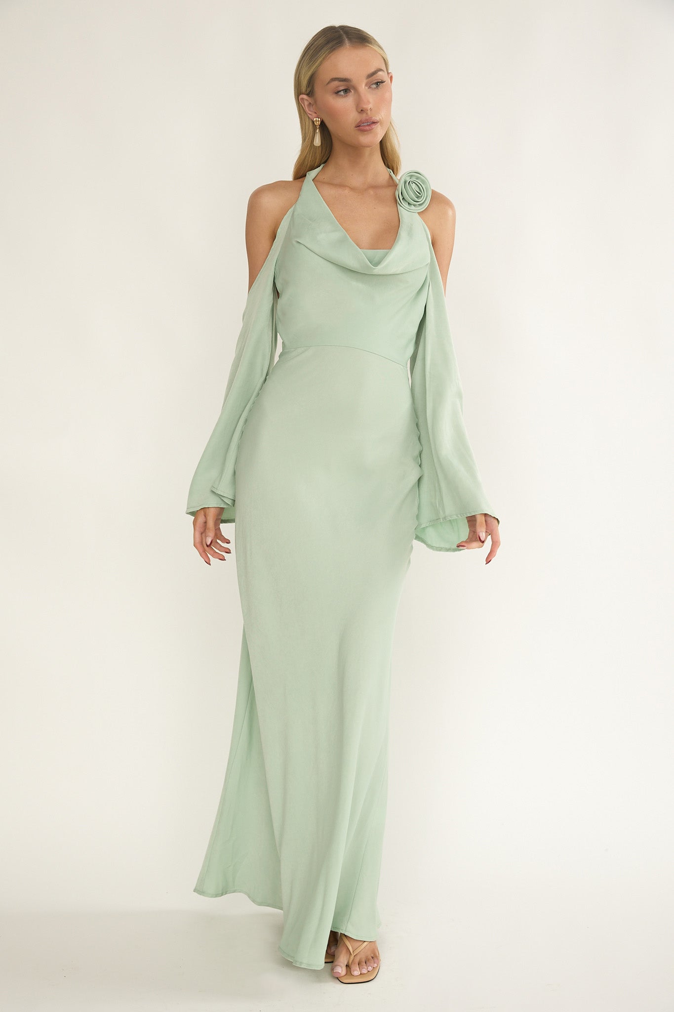 Solenne Cowl Neck Cold Shoulder Maxi Dress Sage