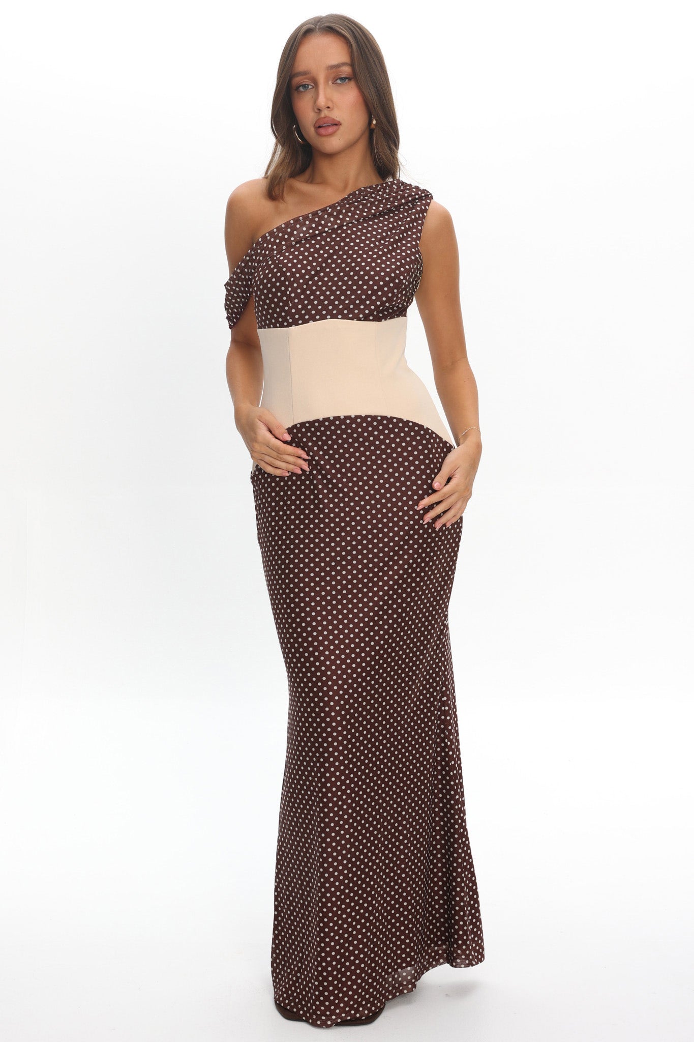 Milos Asymmetric Neckline Maxi Dress Chocolate Dot