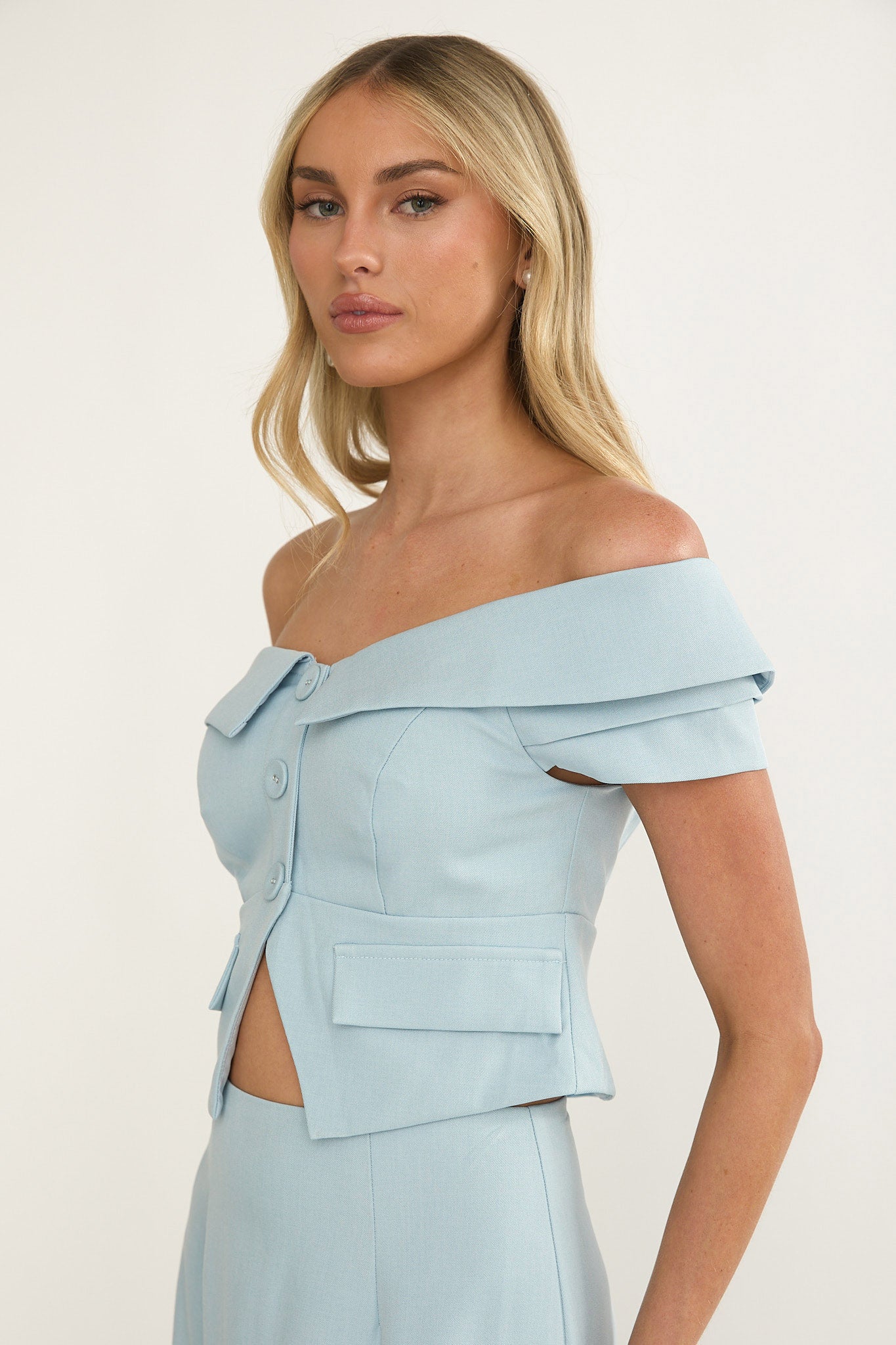 Maelie Foldover Off-Shoulder Top Blue