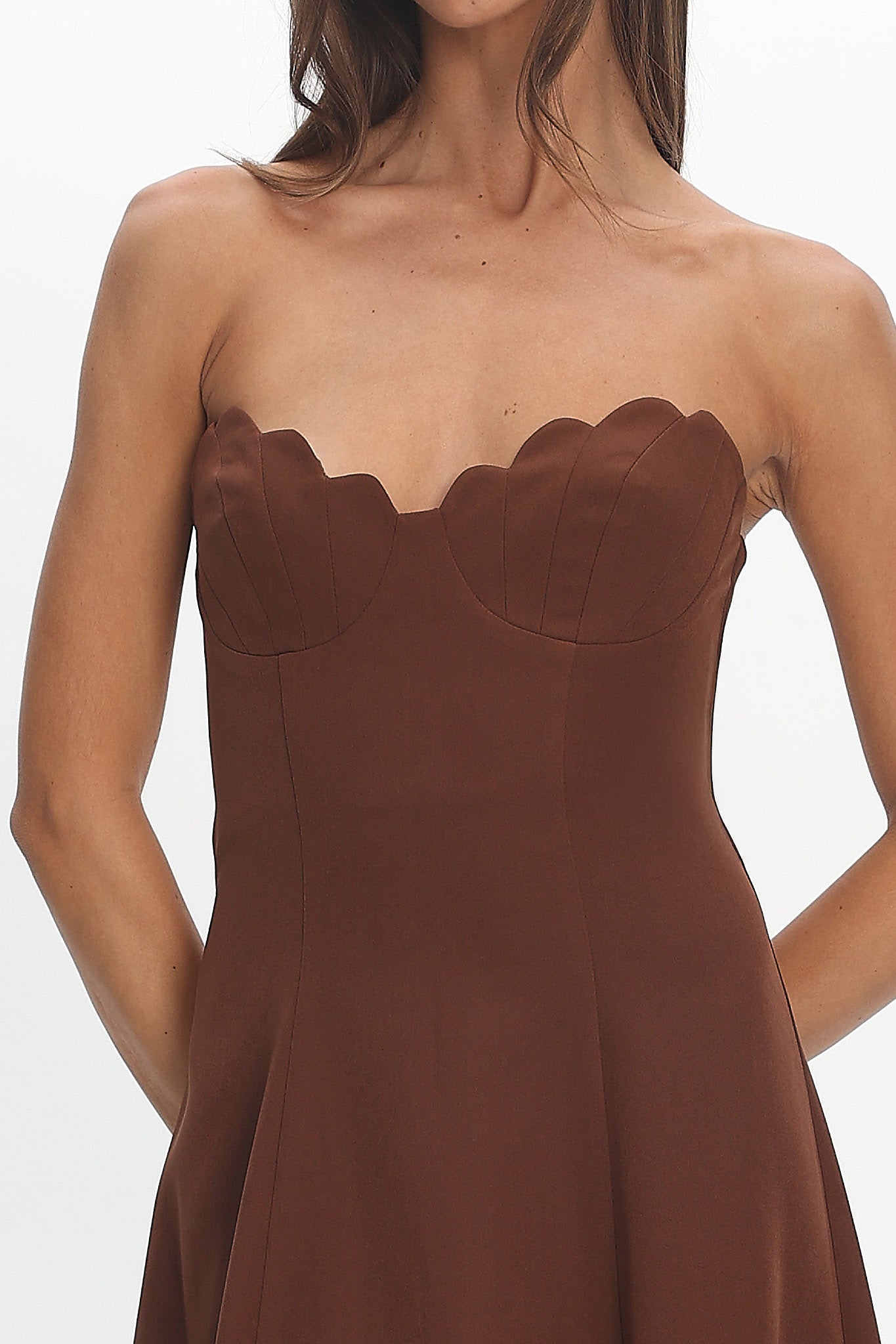 Infiniti Scalloped Sweethear Neckline Midi Dress Chocolate