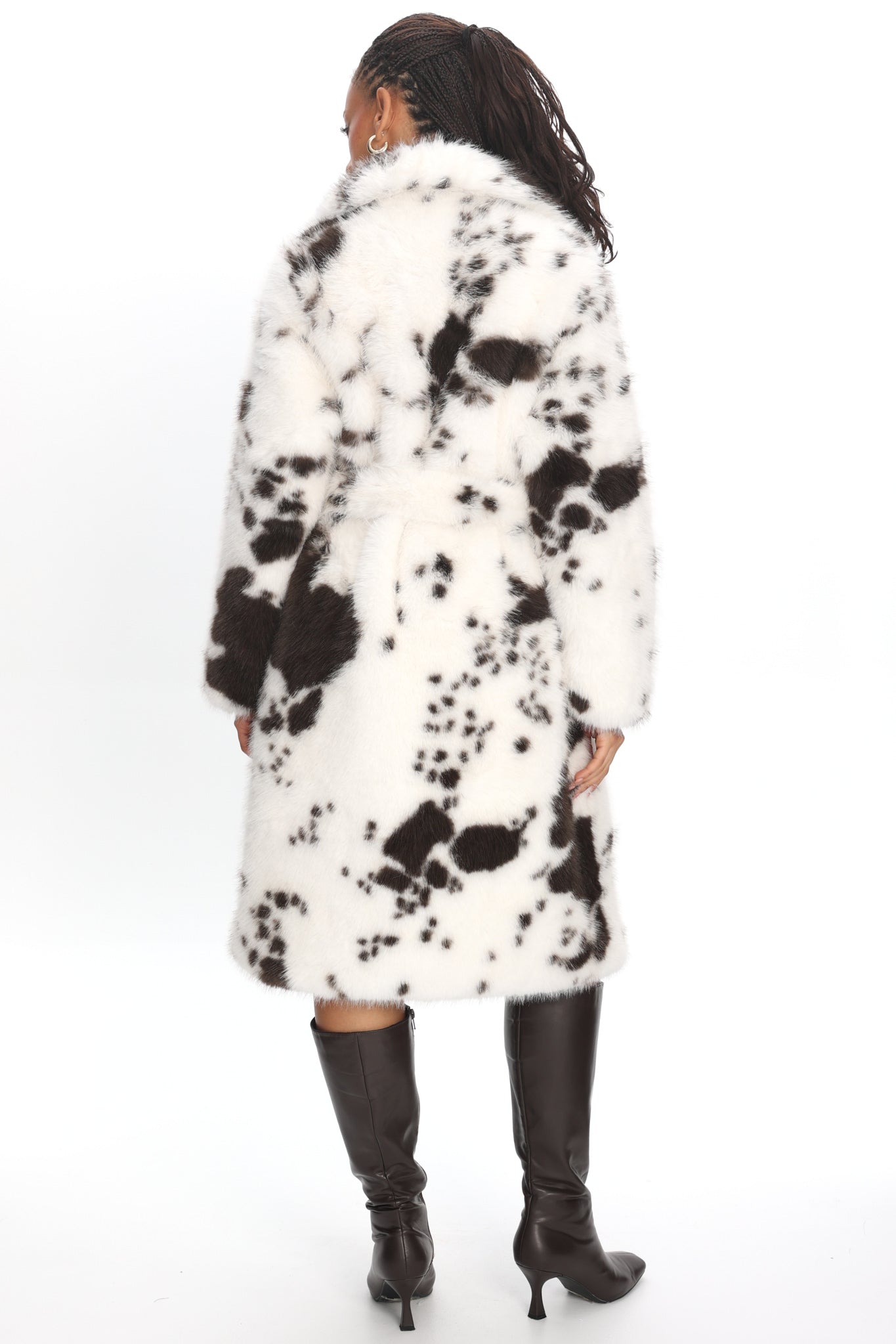 Morganne Faux Fur Waist Tie Coat Animal Print White/Brown
