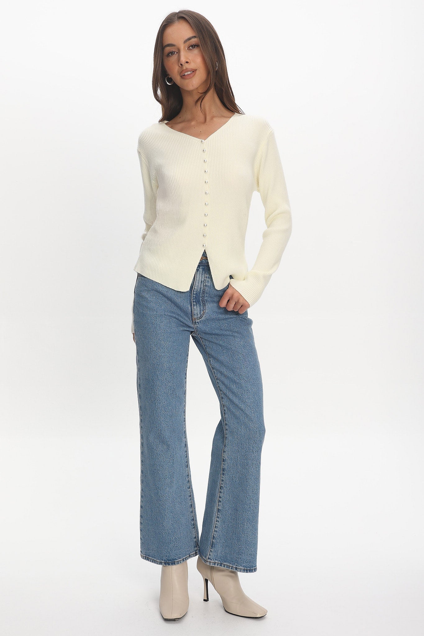 Louiz Button Front Ribbed Knit Cardigan Cream