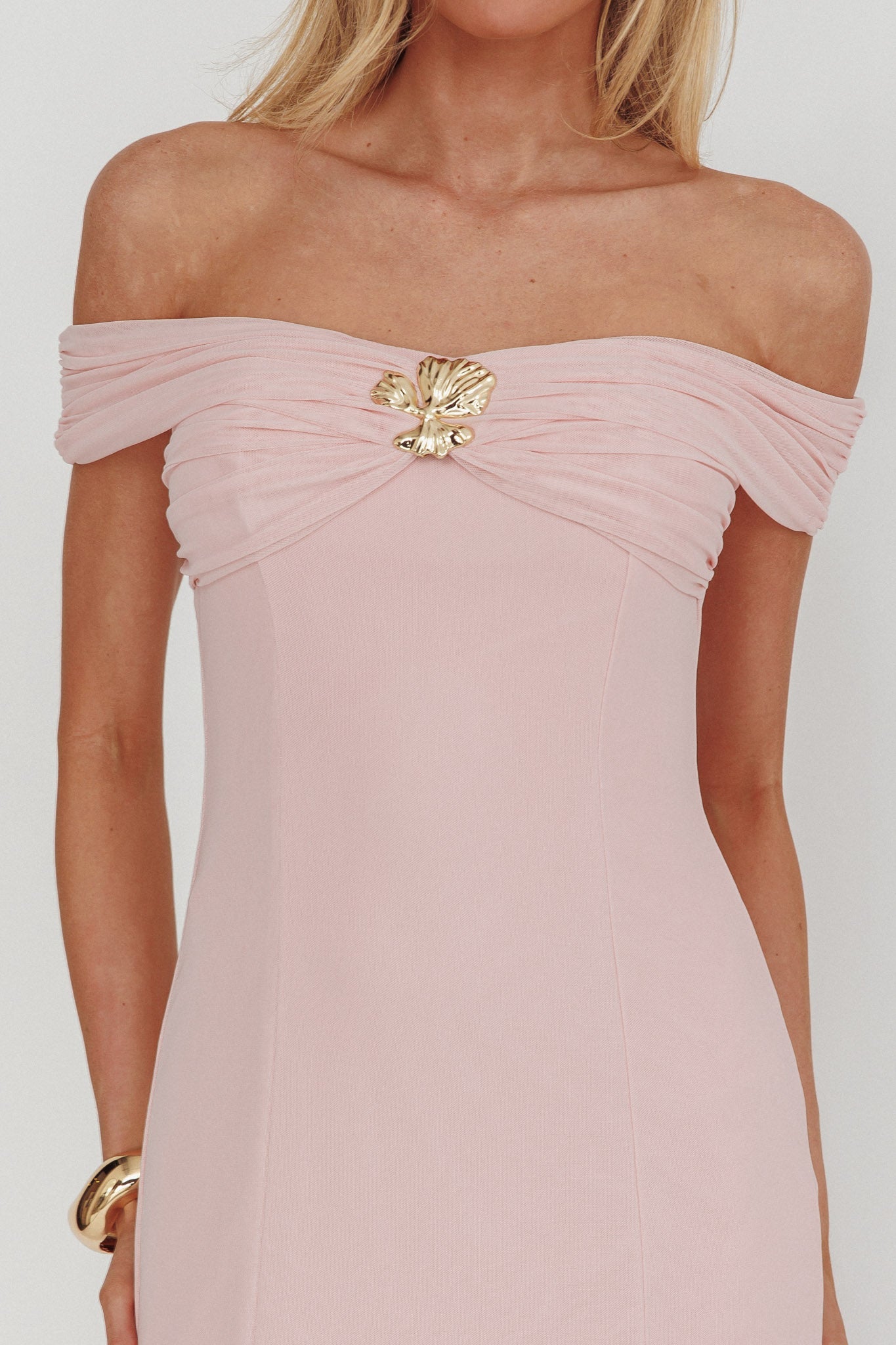 Wilma Off-Shoulder Sheer Hem Maxi Dress Pink