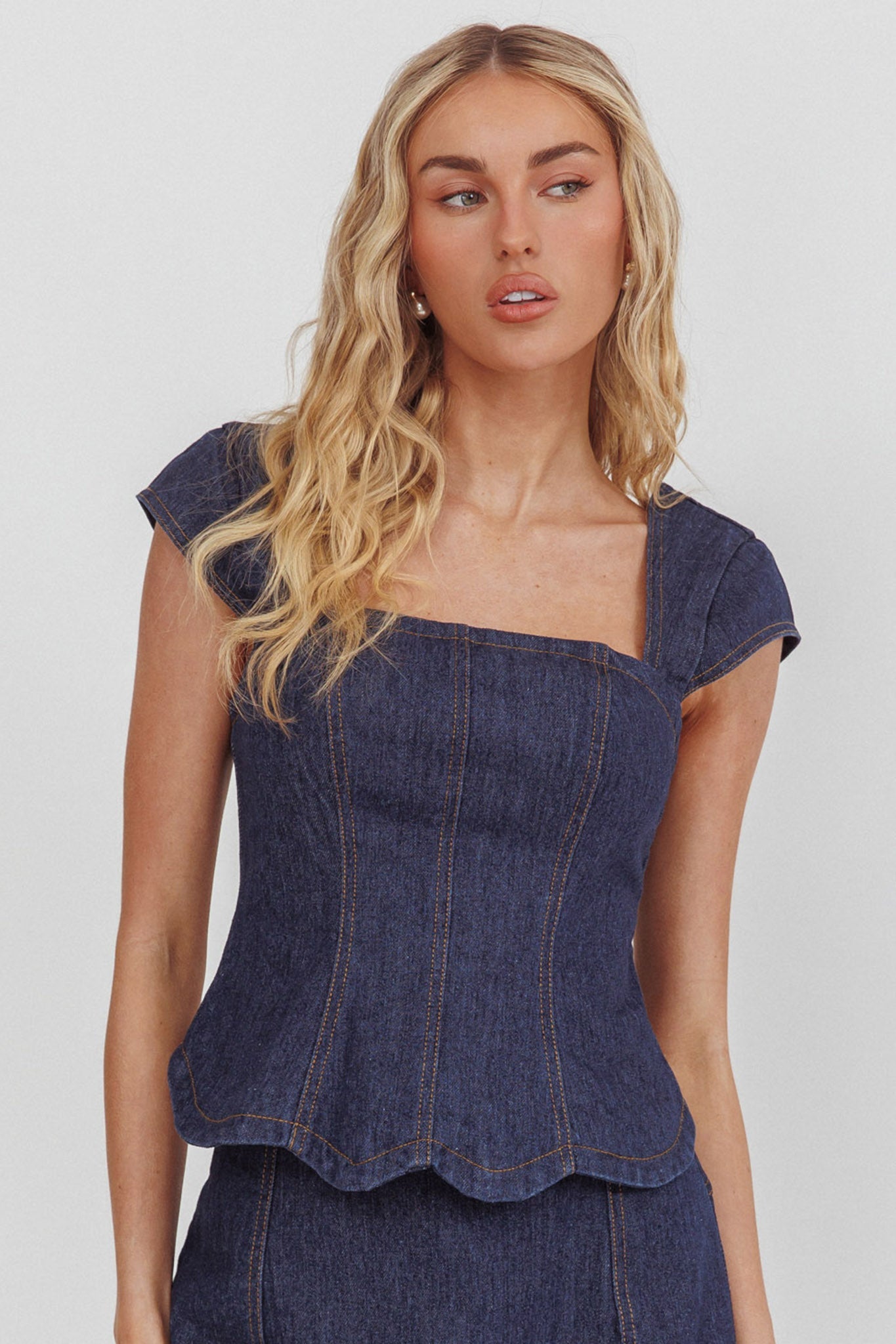 Halen Cap Sleeve Scalloped Top Indigo