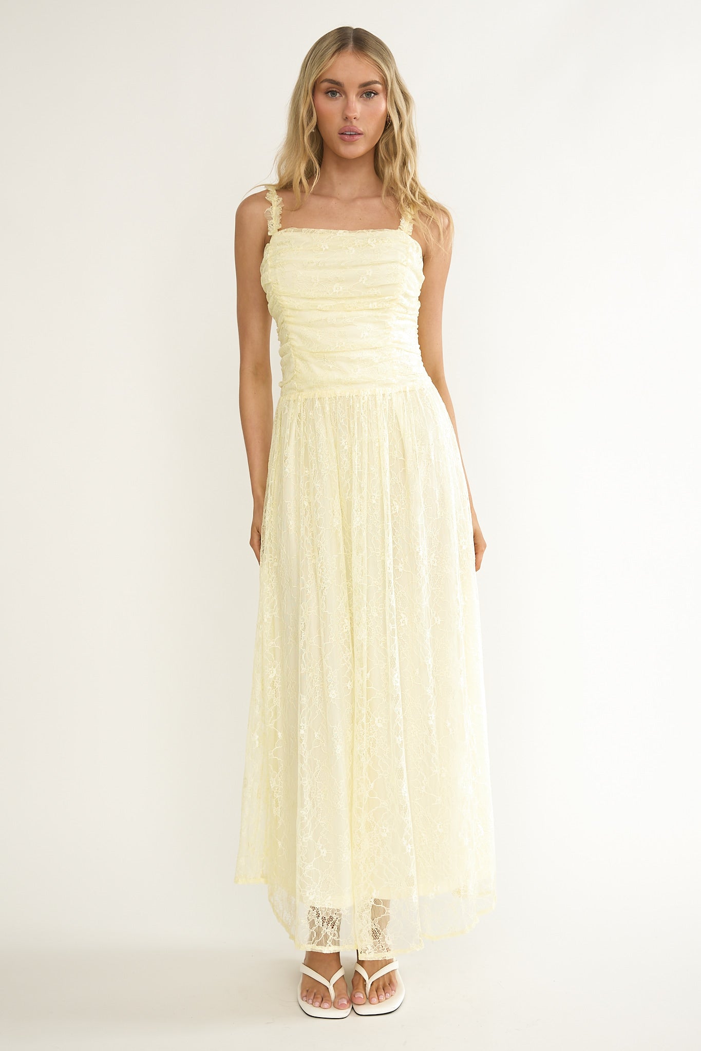 Dahlin Frill Strap Lace Overlay Maxi Dress Butter