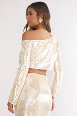 Crystalline Asymmetric Neckline Crop Top Sequin Champagne