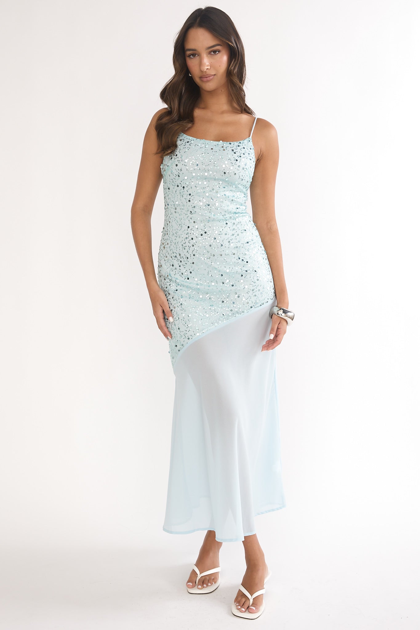 Gilded Dream Chiffon Hem Maxi Dress Sequin Sage