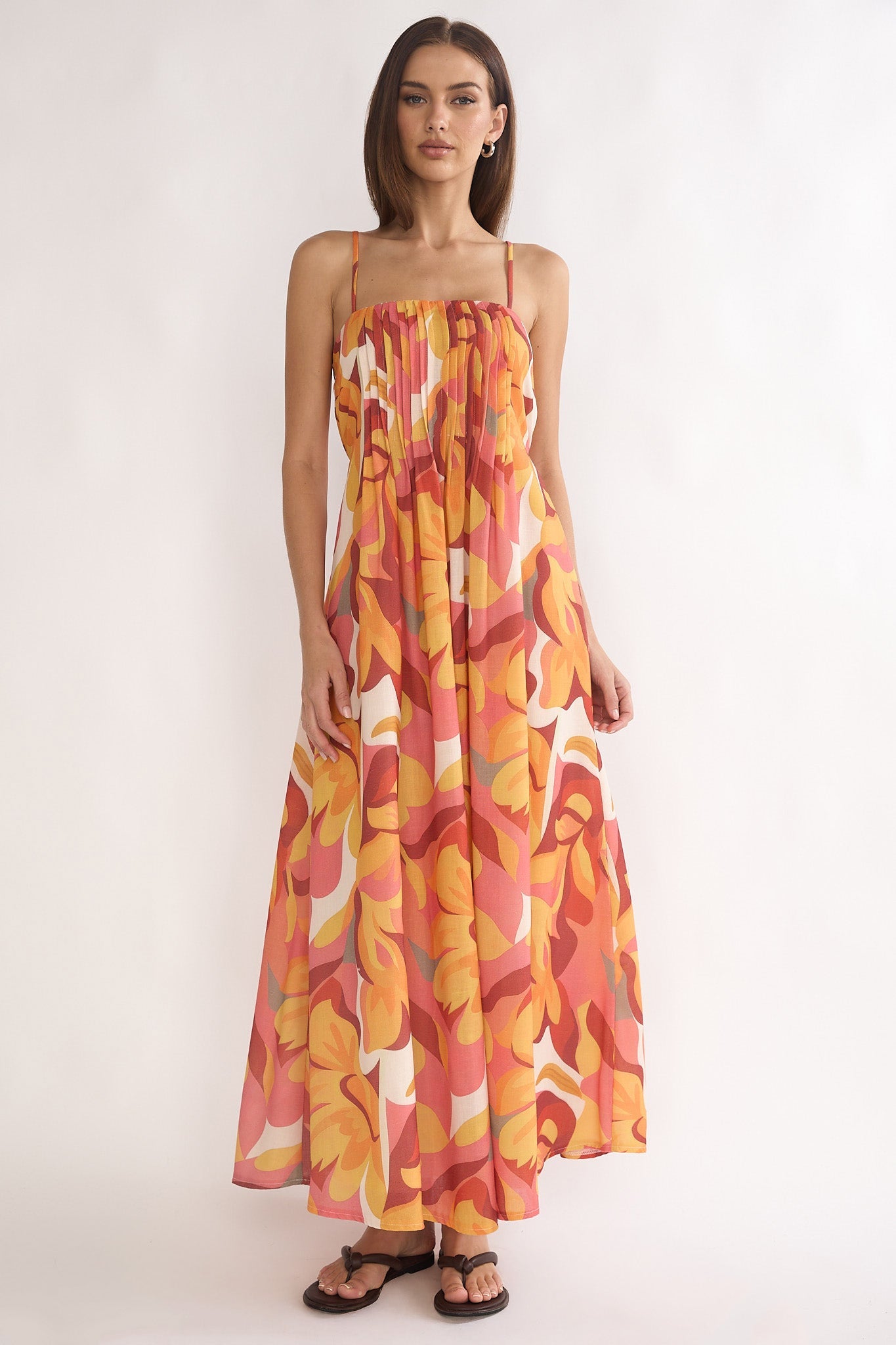 Lysette Pintuck Pleat Maxi Dress Print Orange