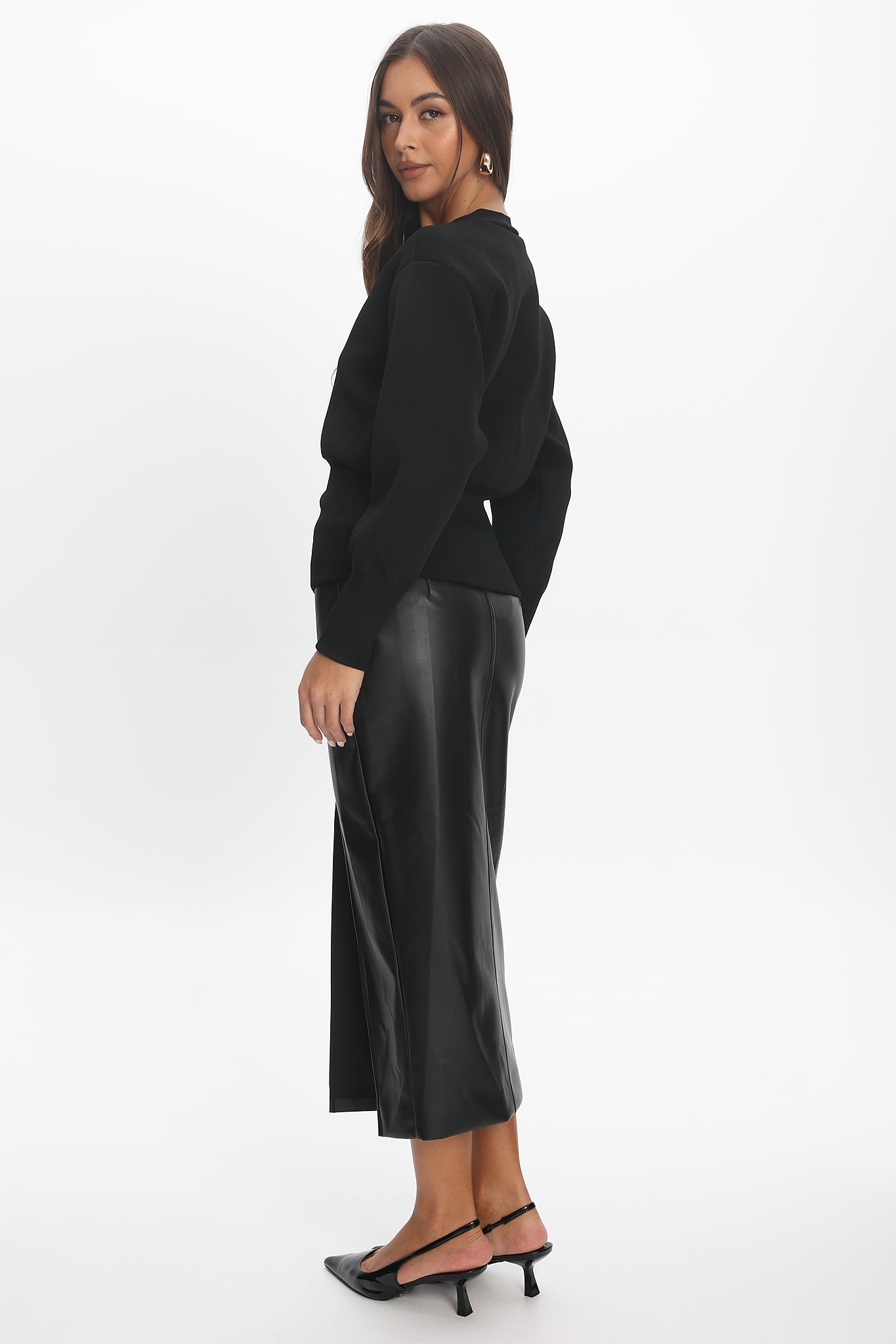 Sybil Faux Leather Midi Skirt Black